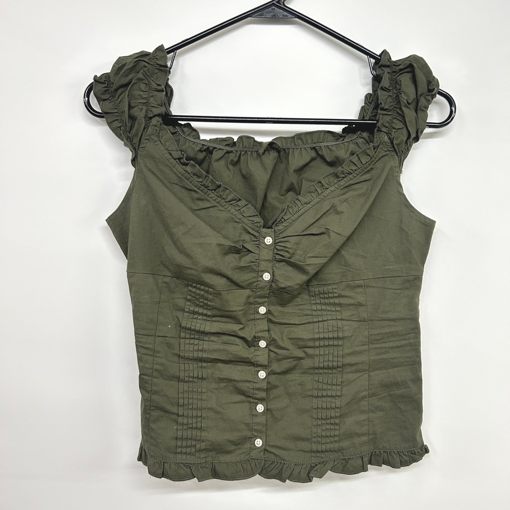 J. Galt Ruffle Button Front Milkmaid Top XS Olive Green Cottagecore Coquette